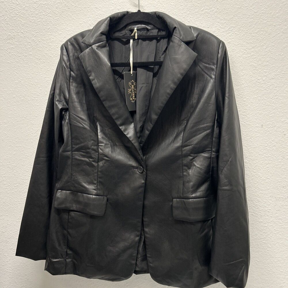 Bellilvera Jacket Womens Large Black Faux Leather Moto Zip Cropped Biker